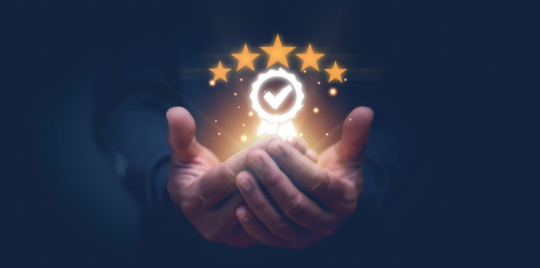Cupped hands holding a glowing quality-guarantee badge beneath five stars